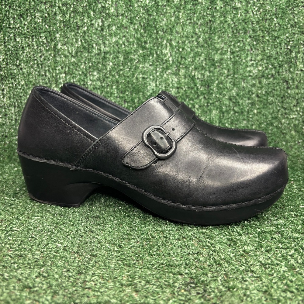 Dansko Tamara Buckle Leather Comfort Slip On Clog Heeled Mules Black Womens Sz 9